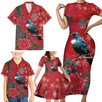 Tui Meri Kirihimete Personalised Family Matching Short Sleeve Bodycon Dress and Hawaiian Shirt Pohutukawa Flowers Red Motif LT9 - Polynesian Pride