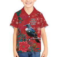 Tui Meri Kirihimete Personalised Family Matching Short Sleeve Bodycon Dress and Hawaiian Shirt Pohutukawa Flowers Red Motif LT9 Son's Shirt Red - Polynesian Pride