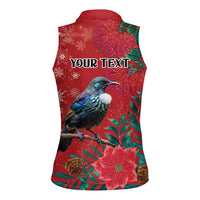 Tui Meri Kirihimete Personalised Women Sleeveless Polo Shirt Pohutukawa Flowers Red Motif LT9 - Polynesian Pride