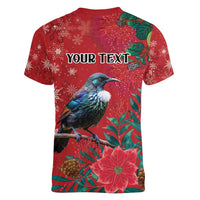 Tui Meri Kirihimete Personalised Women V-Neck T-Shirt Pohutukawa Flowers Red Motif LT9 - Polynesian Pride