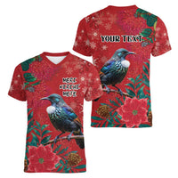 Tui Meri Kirihimete Personalised Women V-Neck T-Shirt Pohutukawa Flowers Red Motif LT9 - Polynesian Pride
