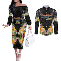 Pasifika Vibes Festival 2024 Auckland Couples Matching Off The Shoulder Long Sleeve Dress and Long Sleeve Button Shirt LT9 Black - Polynesian Pride