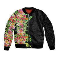 Hawaii Tropical Flowers Tribal Pattern Bomber Jacket No1 LT9 Unisex Black - Polynesian Pride