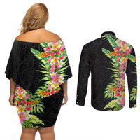 Hawaii Tropical Flowers Tribal Pattern Couples Matching Off Shoulder Short Dress and Long Sleeve Button Shirt No1 LT9 - Polynesian Pride