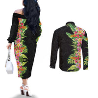 Hawaii Tropical Flowers Tribal Pattern Couples Matching Off The Shoulder Long Sleeve Dress and Long Sleeve Button Shirt No1 LT9 - Polynesian Pride