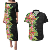 Hawaii Tropical Flowers Tribal Pattern Couples Matching Puletasi and Hawaiian Shirt No1 LT9 Black - Polynesian Pride