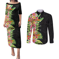 Hawaii Tropical Flowers Tribal Pattern Couples Matching Puletasi and Long Sleeve Button Shirt No1 LT9 Black - Polynesian Pride