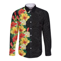 Hawaii Tropical Flowers Tribal Pattern Long Sleeve Button Shirt No2 LT9 Unisex Black - Polynesian Pride