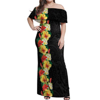 Hawaii Tropical Flowers Tribal Pattern Off Shoulder Maxi Dress No2 LT9 Women Black - Polynesian Pride