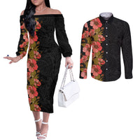 Hawaii Tropical Flowers Tribal Pattern Couples Matching Off The Shoulder Long Sleeve Dress and Long Sleeve Button Shirt No4 LT9 Black - Polynesian Pride