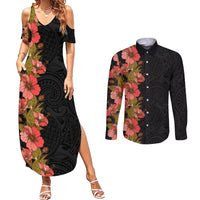 Hawaii Tropical Flowers Tribal Pattern Couples Matching Summer Maxi Dress and Long Sleeve Button Shirt No4 LT9 Black - Polynesian Pride
