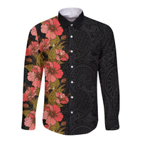 Hawaii Tropical Flowers Tribal Pattern Long Sleeve Button Shirt No4 LT9 Unisex Black - Polynesian Pride