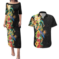 Hawaii Tropical Flowers Tribal Pattern Couples Matching Puletasi and Hawaiian Shirt No5 LT9 Black - Polynesian Pride