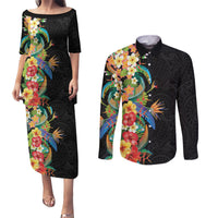 Hawaii Tropical Flowers Tribal Pattern Couples Matching Puletasi and Long Sleeve Button Shirt No5 LT9 Black - Polynesian Pride