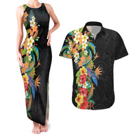 Hawaii Tropical Flowers Tribal Pattern Couples Matching Tank Maxi Dress and Hawaiian Shirt No5 LT9 Black - Polynesian Pride