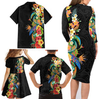 Hawaii Tropical Flowers Tribal Pattern Family Matching Long Sleeve Bodycon Dress and Hawaiian Shirt No5 LT9 - Polynesian Pride