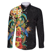 Hawaii Tropical Flowers Tribal Pattern Family Matching Puletasi and Hawaiian Shirt No5 LT9 Dad's Shirt - Long Sleeve Black - Polynesian Pride