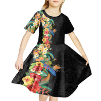 Hawaii Tropical Flowers Tribal Pattern Kid Short Sleeve Dress No5 LT9 - Polynesian Pride