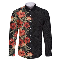 Hawaii Tropical Flowers Tribal Pattern Family Matching Tank Maxi Dress and Hawaiian Shirt No6 LT9 Dad's Shirt - Long Sleeve Black - Polynesian Pride