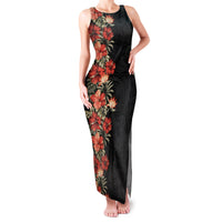 Hawaii Tropical Flowers Tribal Pattern Family Matching Tank Maxi Dress and Hawaiian Shirt No6 LT9 Mom's Dress Black - Polynesian Pride