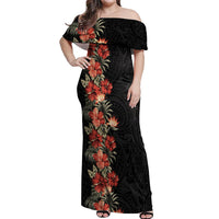 Hawaii Tropical Flowers Tribal Pattern Off Shoulder Maxi Dress No6 LT9 Women Black - Polynesian Pride