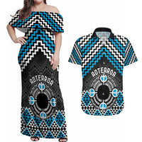 Personalised Aotearoa Niho Taniwha Motif Couples Matching Off Shoulder Maxi Dress and Hawaiian Shirt Blue Style LT9 Blue - Polynesian Pride