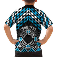 Personalised Aotearoa Niho Taniwha Motif Family Matching Off The Shoulder Long Sleeve Dress and Hawaiian Shirt Blue Style LT9 - Polynesian Pride