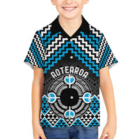Personalised Aotearoa Niho Taniwha Motif Family Matching Off The Shoulder Long Sleeve Dress and Hawaiian Shirt Blue Style LT9 Son's Shirt Blue - Polynesian Pride