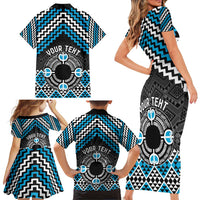 Personalised Aotearoa Niho Taniwha Motif Family Matching Short Sleeve Bodycon Dress and Hawaiian Shirt Blue Style LT9 - Polynesian Pride