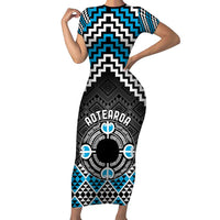 Personalised Aotearoa Niho Taniwha Motif Family Matching Short Sleeve Bodycon Dress and Hawaiian Shirt Blue Style LT9 Mom's Dress Blue - Polynesian Pride