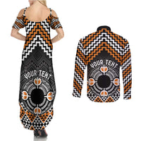Personalised Aotearoa Niho Taniwha Motif Couples Matching Summer Maxi Dress and Long Sleeve Button Shirt Gold Style