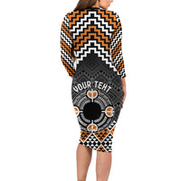 Personalised Aotearoa Niho Taniwha Motif Family Matching Long Sleeve Bodycon Dress and Hawaiian Shirt Gold Style LT9 - Polynesian Pride