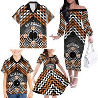 Personalised Aotearoa Niho Taniwha Motif Family Matching Off The Shoulder Long Sleeve Dress and Hawaiian Shirt Gold Style LT9 - Polynesian Pride
