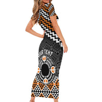 Personalised Aotearoa Niho Taniwha Motif Short Sleeve Bodycon Dress Gold Style LT9 - Polynesian Pride