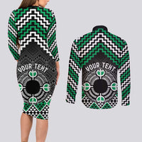 Personalised Aotearoa Niho Taniwha Motif Couples Matching Long Sleeve Bodycon Dress and Long Sleeve Button Shirt Green Style