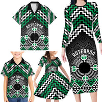Personalised Aotearoa Niho Taniwha Motif Family Matching Long Sleeve Bodycon Dress and Hawaiian Shirt Green Style LT9 - Polynesian Pride