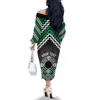 Personalised Aotearoa Niho Taniwha Motif Family Matching Off The Shoulder Long Sleeve Dress and Hawaiian Shirt Green Style LT9 - Polynesian Pride