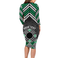 Personalised Aotearoa Niho Taniwha Motif Long Sleeve Bodycon Dress Green Style LT9 - Polynesian Pride