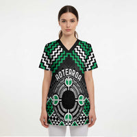 Personalised Aotearoa Niho Taniwha Motif Scrub Top Green Style - Polynesian Pride