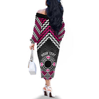 Personalised Aotearoa Niho Taniwha Motif Family Matching Off The Shoulder Long Sleeve Dress and Hawaiian Shirt Pink Style LT9 - Polynesian Pride