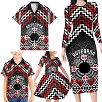 Personalised Aotearoa Niho Taniwha Motif Family Matching Long Sleeve Bodycon Dress and Hawaiian Shirt Red Style LT9 - Polynesian Pride