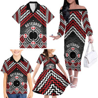 Personalised Aotearoa Niho Taniwha Motif Family Matching Off The Shoulder Long Sleeve Dress and Hawaiian Shirt Red Style LT9 - Polynesian Pride