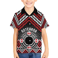 Personalised Aotearoa Niho Taniwha Motif Family Matching Puletasi and Hawaiian Shirt Red Style