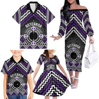 Personalised Aotearoa Niho Taniwha Motif Family Matching Off The Shoulder Long Sleeve Dress and Hawaiian Shirt Violet Style LT9 - Polynesian Pride