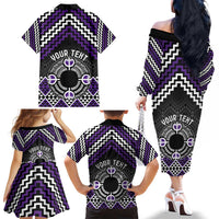 Personalised Aotearoa Niho Taniwha Motif Family Matching Off The Shoulder Long Sleeve Dress and Hawaiian Shirt Violet Style LT9 - Polynesian Pride
