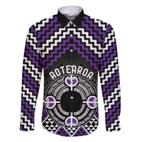 Personalised Aotearoa Niho Taniwha Motif Family Matching Off The Shoulder Long Sleeve Dress and Hawaiian Shirt Violet Style LT9 Dad's Shirt - Long Sleeve Violet - Polynesian Pride