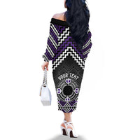Personalised Aotearoa Niho Taniwha Motif Family Matching Off The Shoulder Long Sleeve Dress and Hawaiian Shirt Violet Style LT9 - Polynesian Pride
