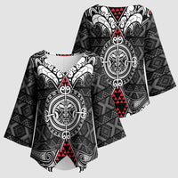 Black Aotearoa Taniko Motif Kimono Sleeve Blouse Vintage Maori New Zealand Tribal Art Pattern - Polynesian Pride