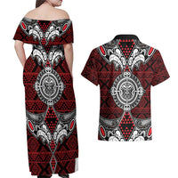 Red Aotearoa Tanilo Motif Couples Matching Off Shoulder Maxi Dress and Hawaiian Shirt Vintage Maori New Zealand Tribal Art Pattern LT9 - Polynesian Pride
