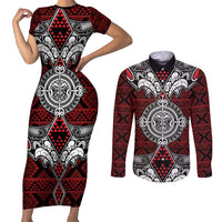 Red Aotearoa Tanilo Motif Couples Matching Short Sleeve Bodycon Dress and Long Sleeve Button Shirt Vintage Maori New Zealand Tribal Art Pattern LT9 Red - Polynesian Pride
